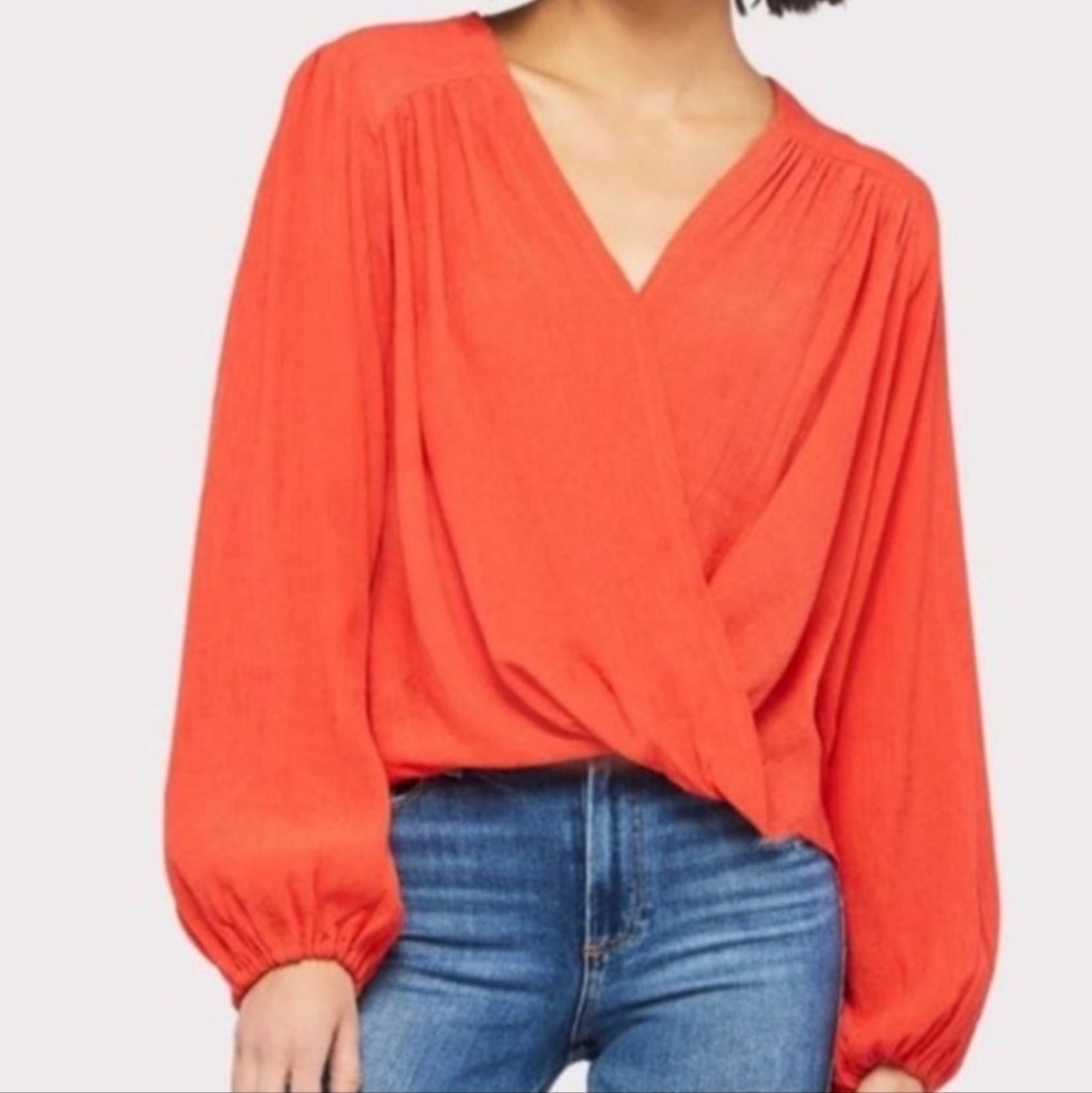 FP Faux-wrap Long Sleeve Top Flame Orange M Boho style blouse